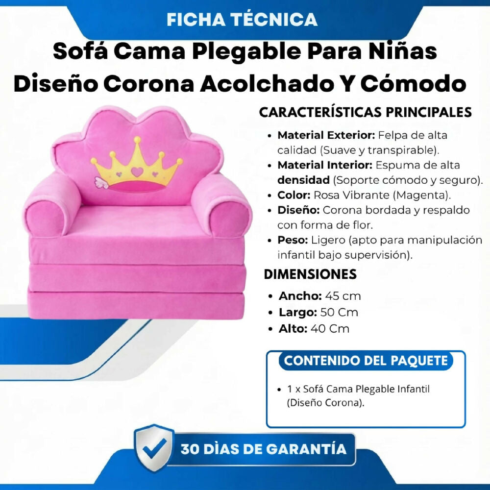 Sofá Cama Plegable Para Niñas Diseño Corona Acolchado Y Comodo
