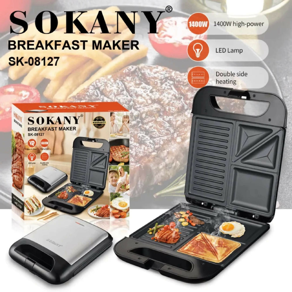 Parrilla Sanduchera Sokany SK-08127 Con Placas Antiadherentes Y Sistema De Calentamiento Uniforme