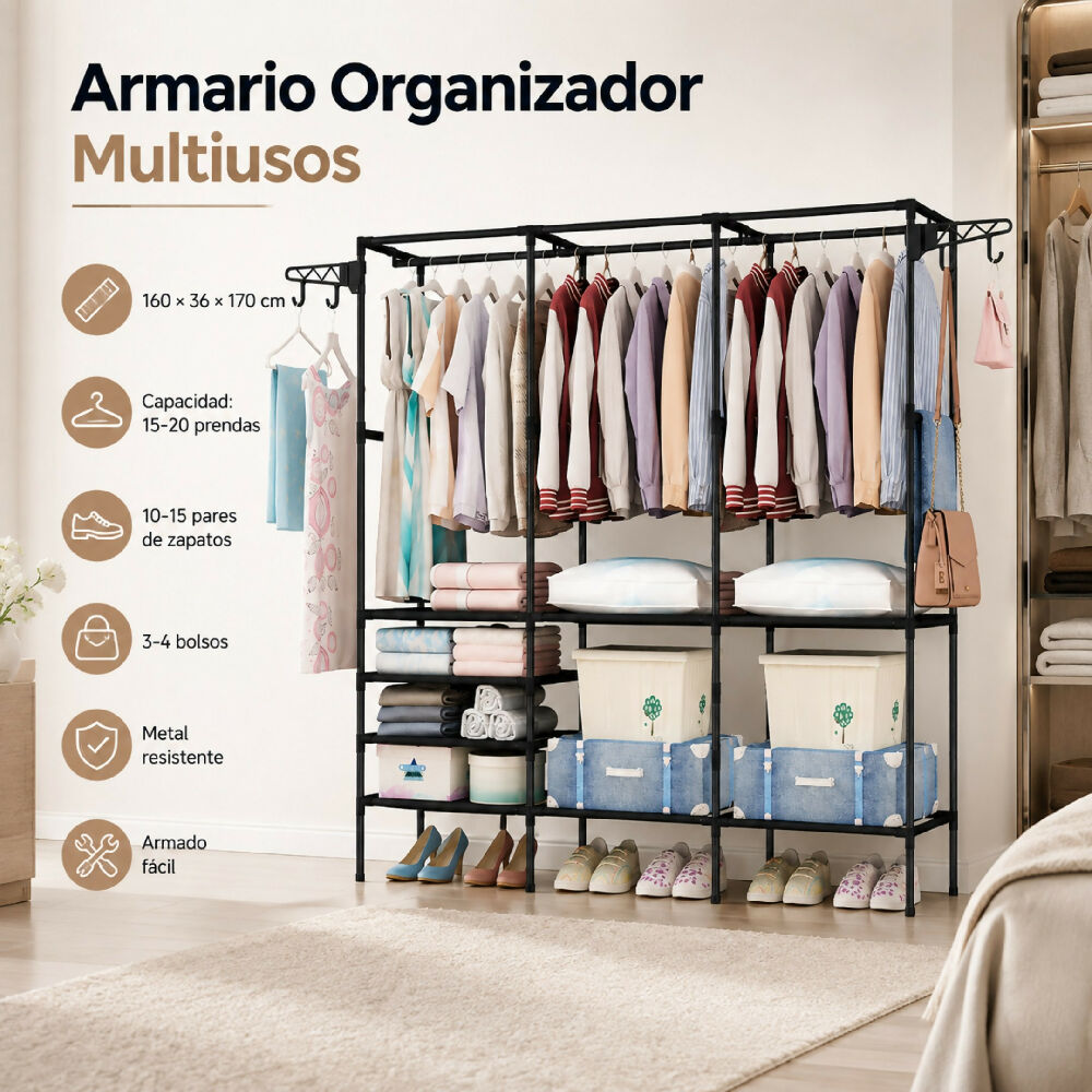 Closet Organizador De Tubos 3 Cuerpos Armable Para Ropa Armario Con Perchero