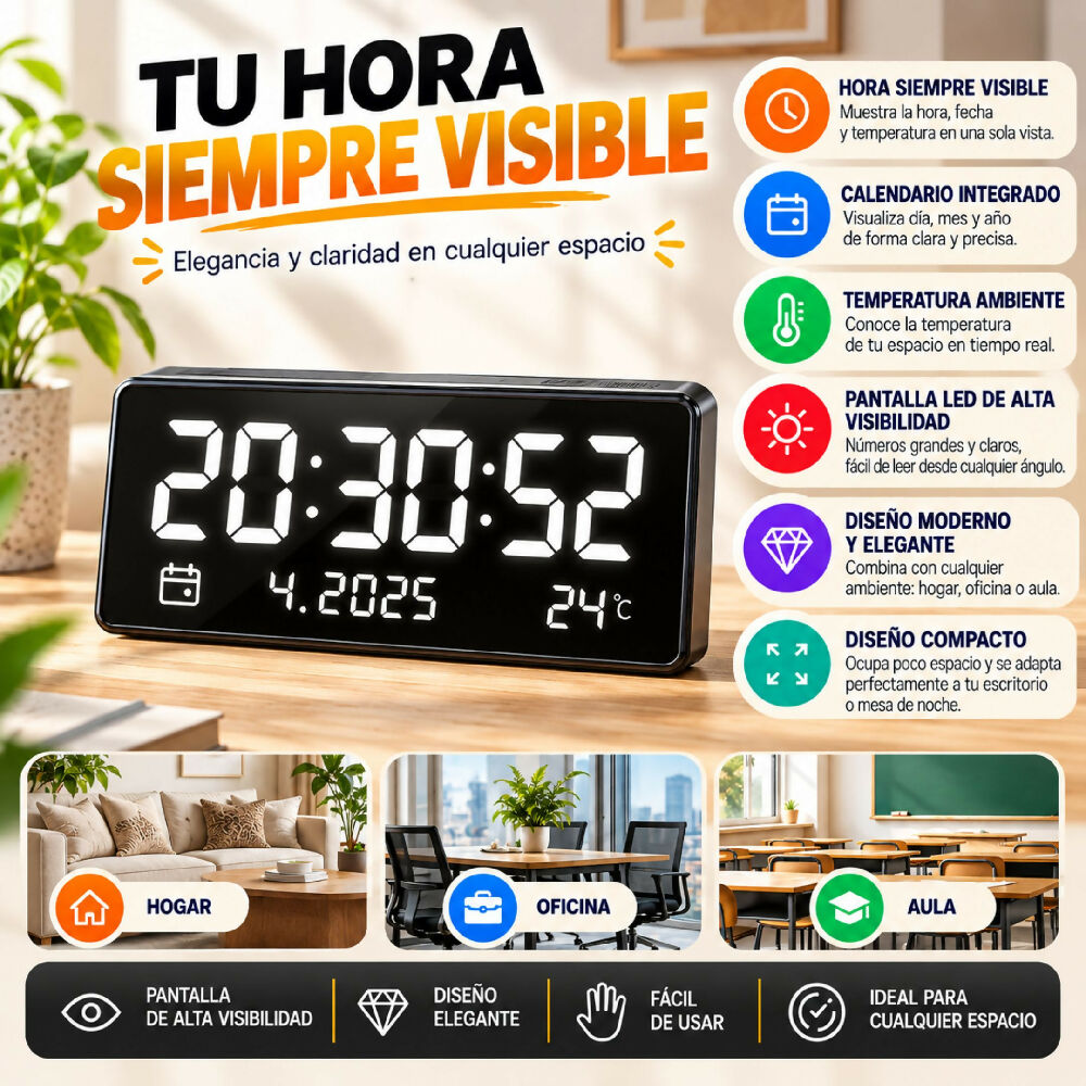Reloj Digital De Pared JH8025 Indicador Multifuncional De Hora, Fecha Y Temperatura
