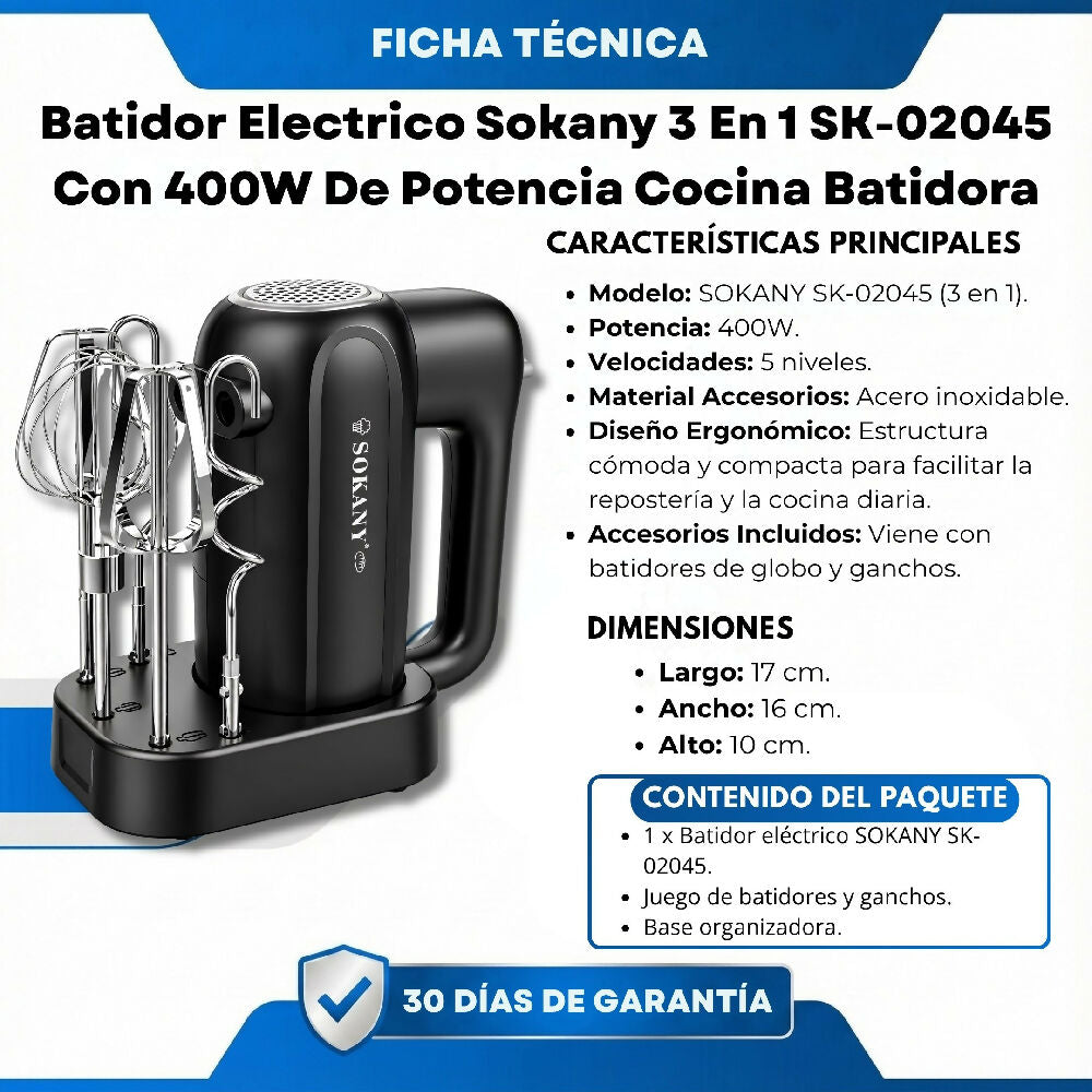 Batidor Electrico Sokany 3 En 1 SK-02045 Con 400W De Potencia Cocina Batidora