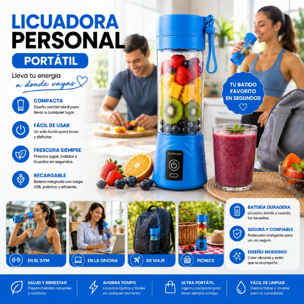 Licuadora Personal Portátil Recargable USB 380 Ml Azul