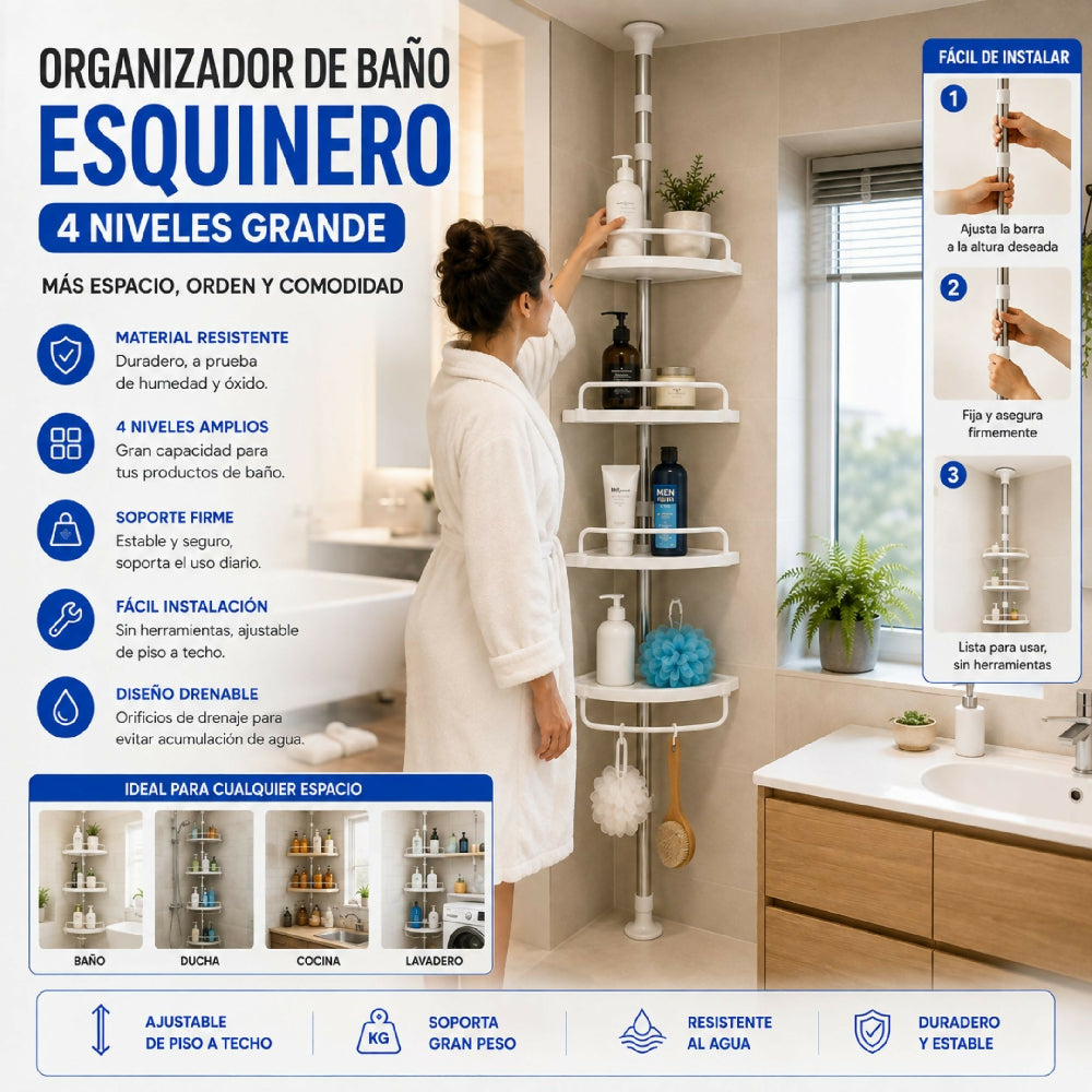Organizador De Baño Esquinero De 4 Niveles Grande Repisas Resistentes A La Humedad Para Ducha