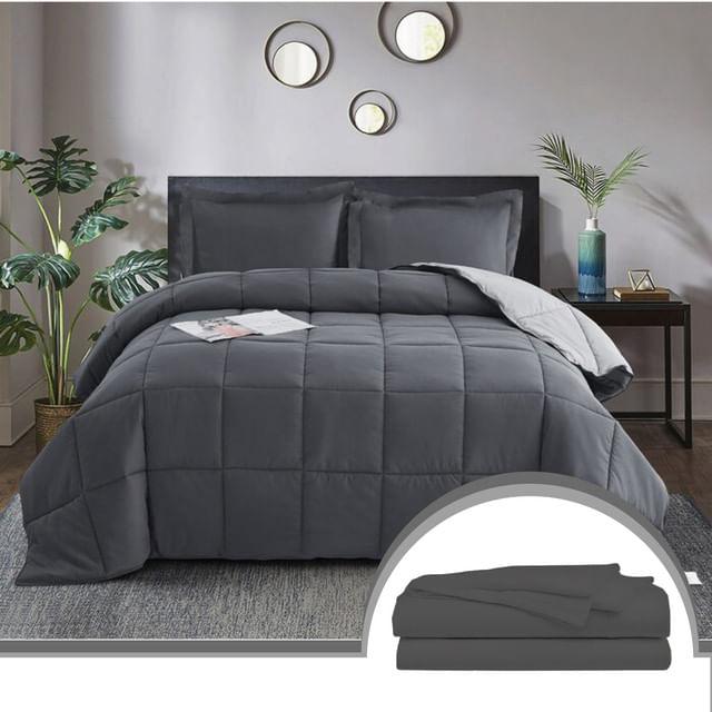 Combo Edredon Bicolor Gris Claro / Gris Oscuro + Set Sabanas Unicolor Queen Q - VIRTUAL MUEBLES