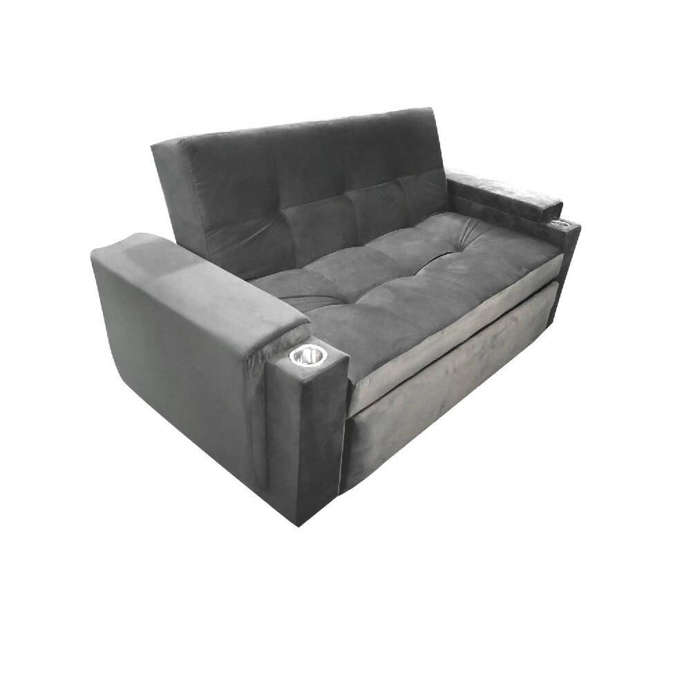 Sofá cama Dorian con porta vaso plata lino - VIRTUAL MUEBLES