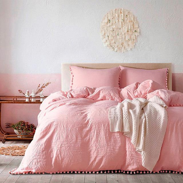 Edredon Microtex Unicolor + Borlas Rosado Semidoble - VIRTUAL MUEBLES