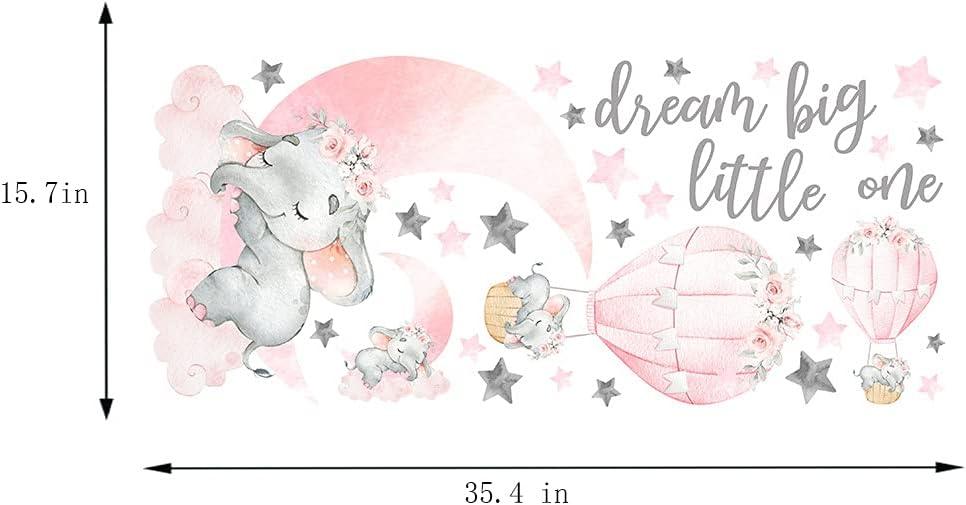 Calcomanías de pared Dream Big Little One Elefante, globo aerostático rosa con - VIRTUAL MUEBLES