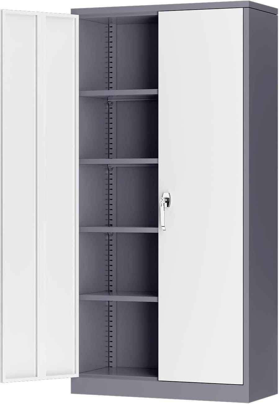 Armario de almacenamiento de metal con puertas de bloqueo, gabinete de  metal de 72 pulgadas de alto con 4 estantes ajustables, armario alto de