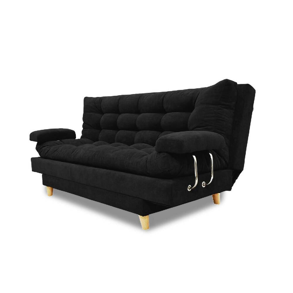 Sofá cama Nápoles lino negro, patas de madera - VIRTUAL MUEBLES