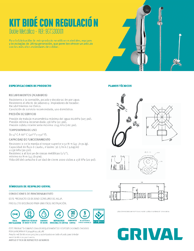 Kit Grival Bide con Regulación Doble Metálica - VIRTUAL MUEBLES