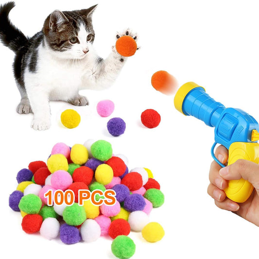 Lanzador de bolas de juguetes para gatos, 100 bolas de pompones para gatos y