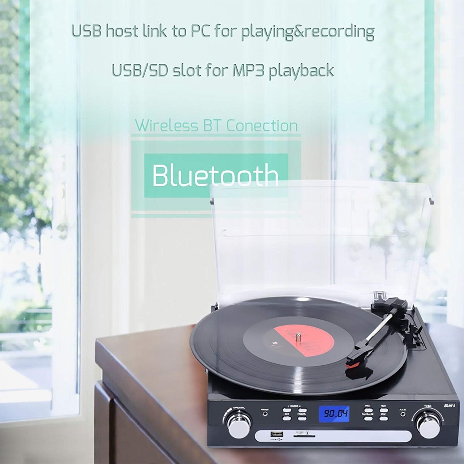 DIGITNOW Reproductor de grabación Bluetooth con altavoces estéreo,  tocadiscos para vinilo a MP3 con reproducción de casete, radio AM/FM,  control