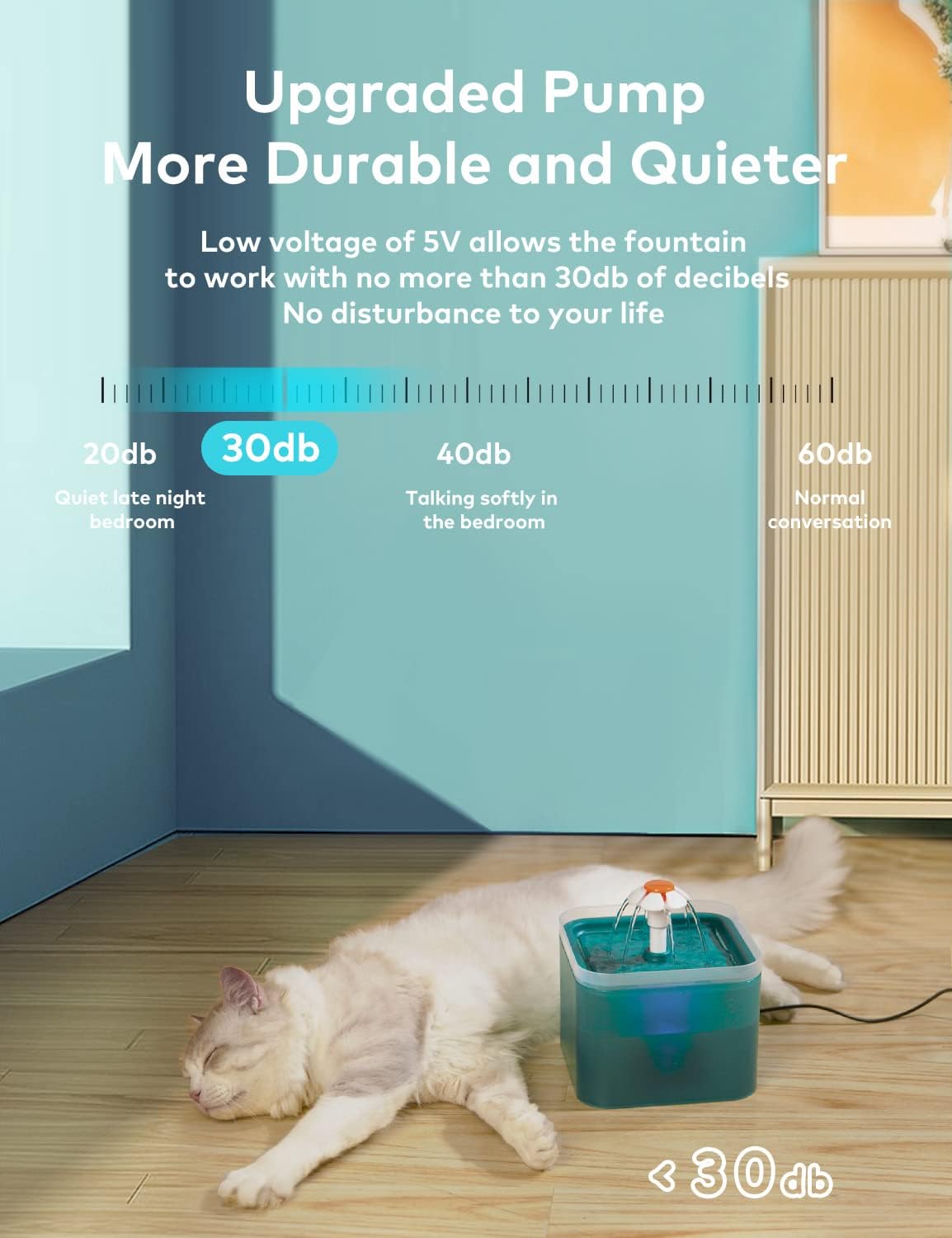Fuente ultra silenciosa para gatos de 67 oz2 L, con luz LED, filtro de carbón