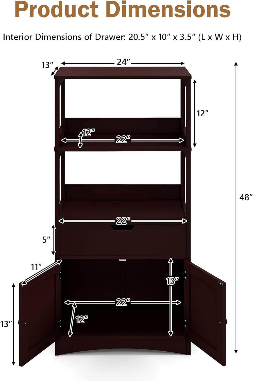 Armario de suelo de baño con cajón, 2 estantes abiertos y armario de puerta,