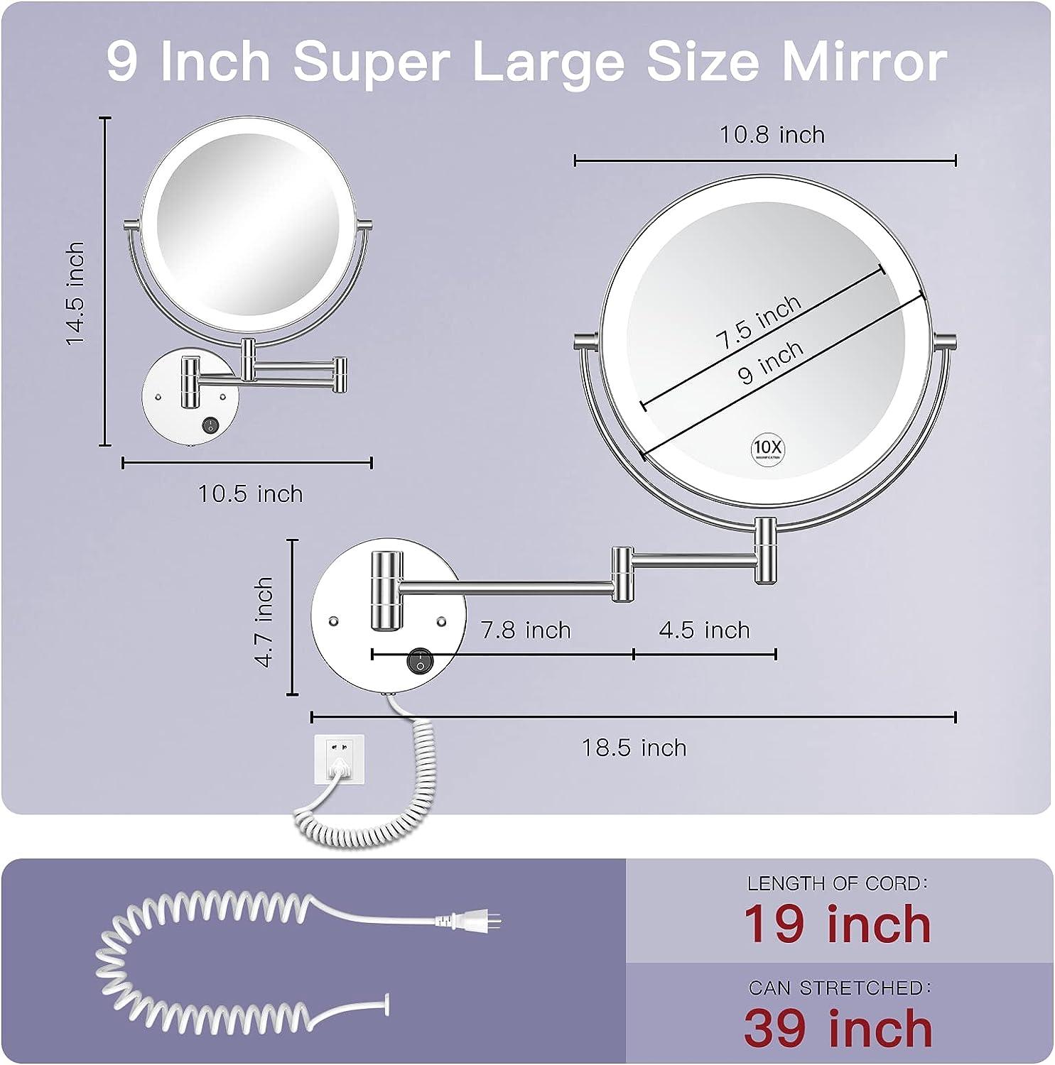 Espejo de maquillaje LED montado en la pared de 9 pulgadas, tamaño súper - VIRTUAL MUEBLES