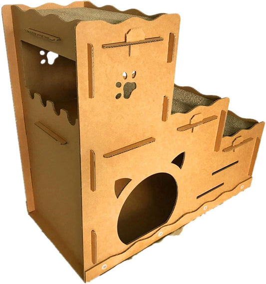 Casa de cartón para gatos con rascador de tres pisos W30 X D14 X H26