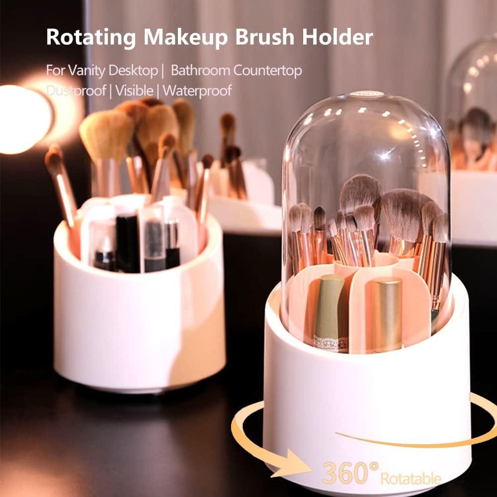 Organizador de brochas de maquillaje con tapa, contenedor giratorio de 360°  a prueba de polvo para brochas de maquillaje con cubierta acrílica