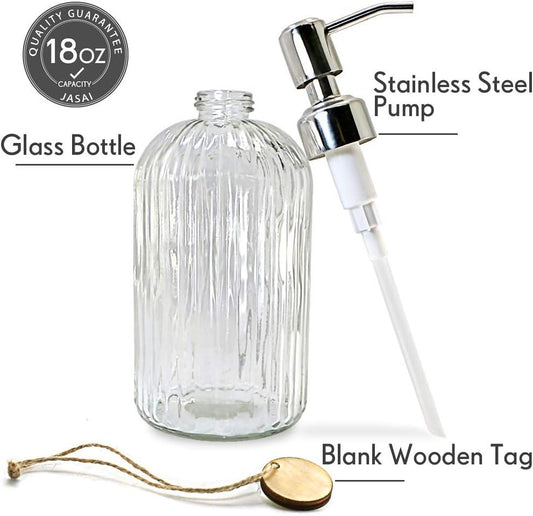 Dispensador de jabón de vidrio transparente de 18 onzas con bomba de acero - VIRTUAL MUEBLES