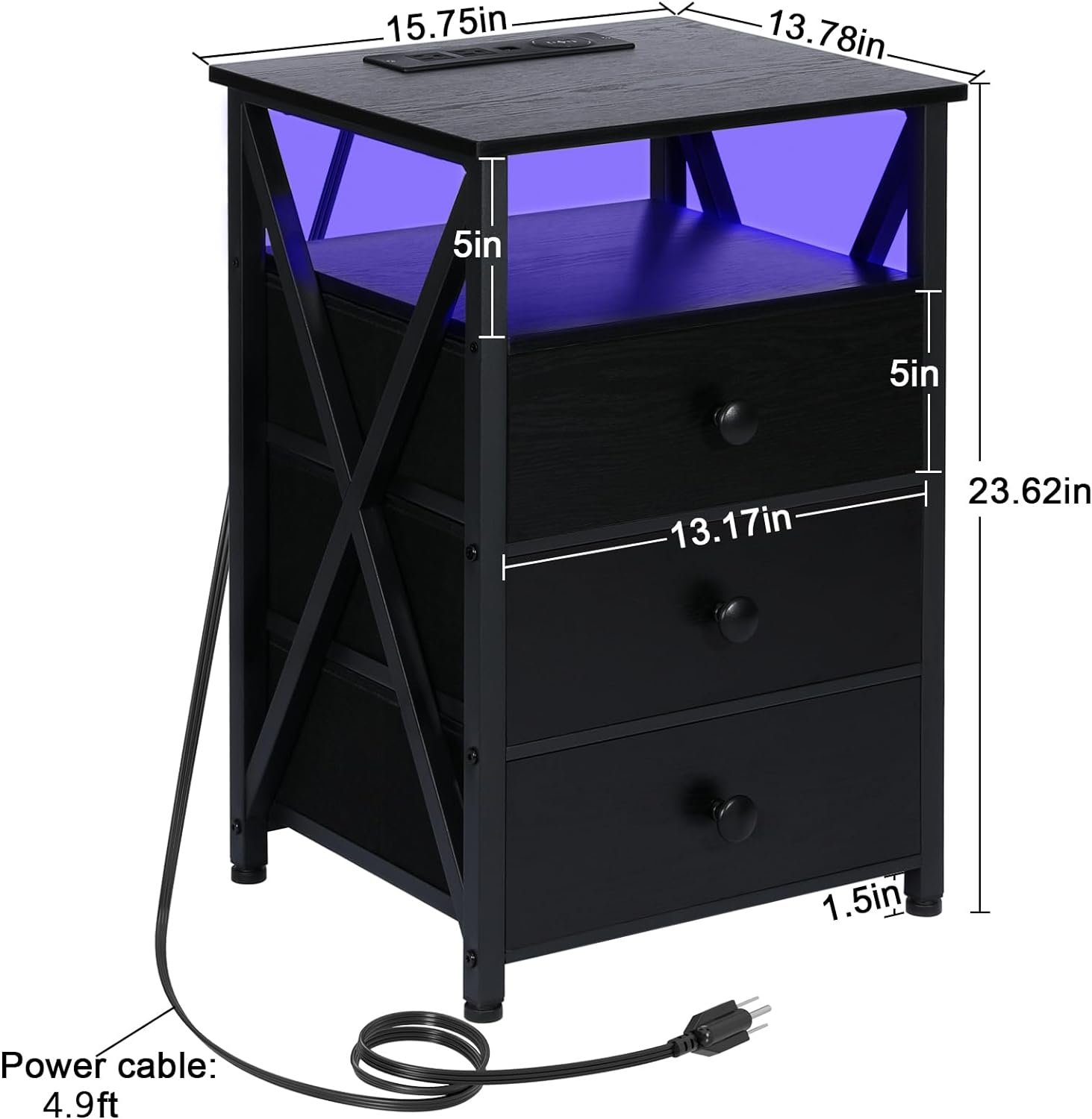Juego de 2 mesitas de noche LED, mesita de noche negra con estación de  carga y 2 cajones, mesa auxiliar de madera con puertos USB, mesita de noche
