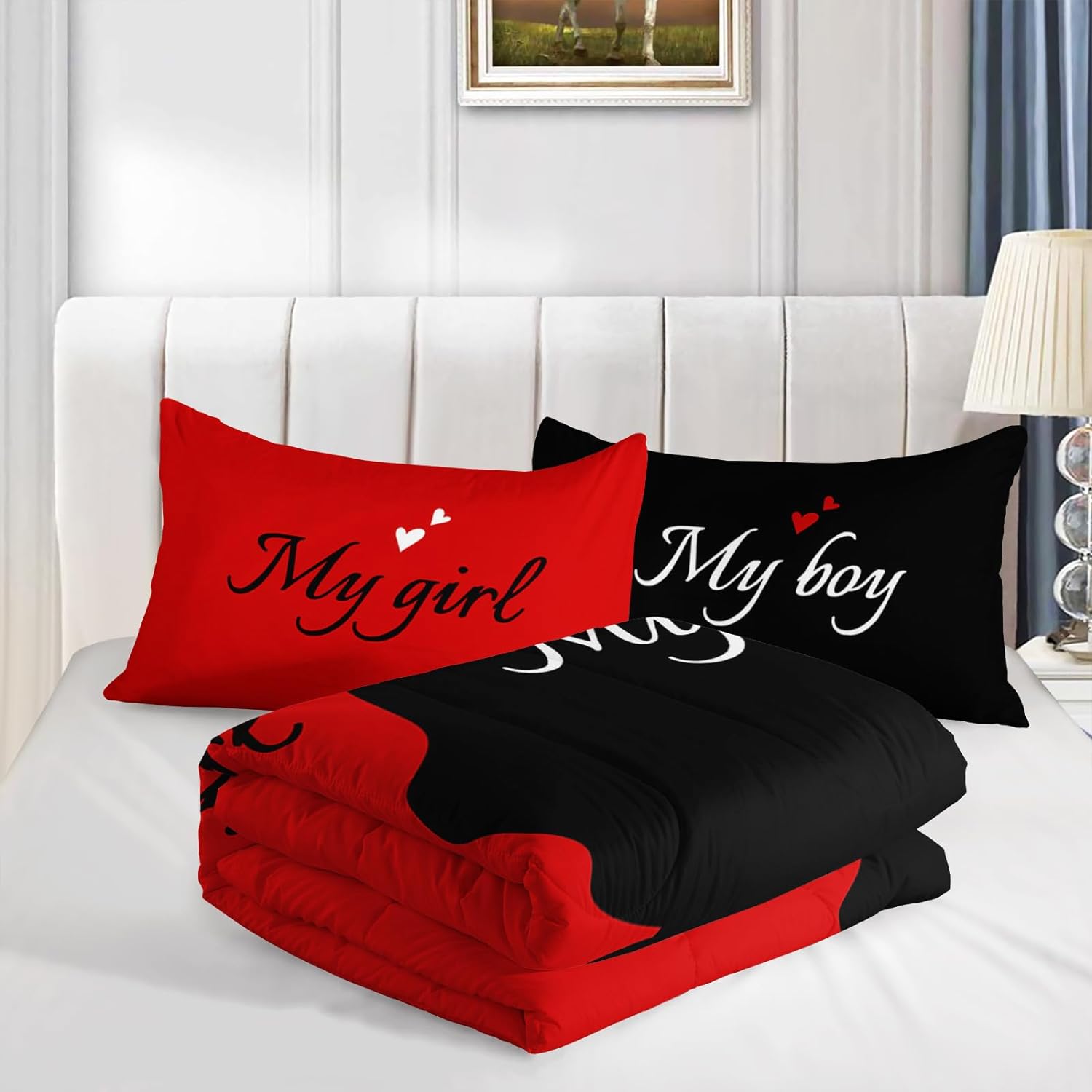 Juego de edredón negro y rojo individual, ropa de cama para él y ella, juego de
