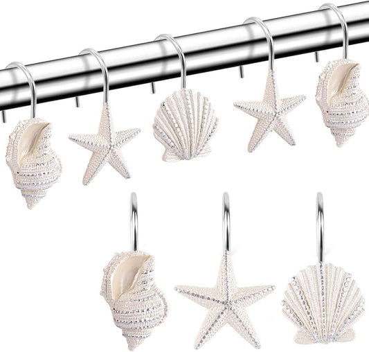 Ganchos para cortina de ducha de conchas marinas, 12 ganchos de resina - VIRTUAL MUEBLES