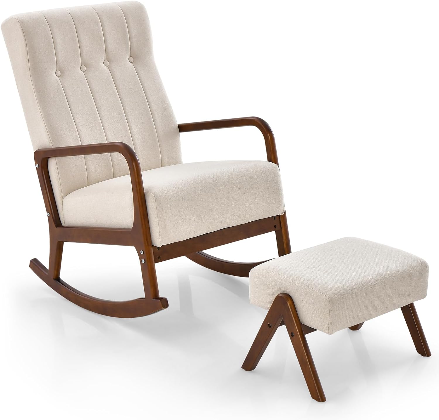 Mecedora con otomana, silla mecedora tapizada con marco de madera de goma