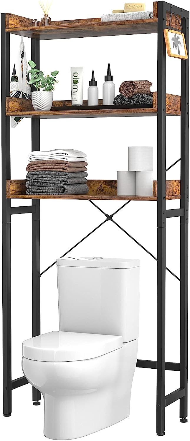 Hershii Estante de almacenamiento de 3 niveles sobre el inodoro/lavadora,  soporte organizador de baño, ajustable, ahorro de espacio, con barra para