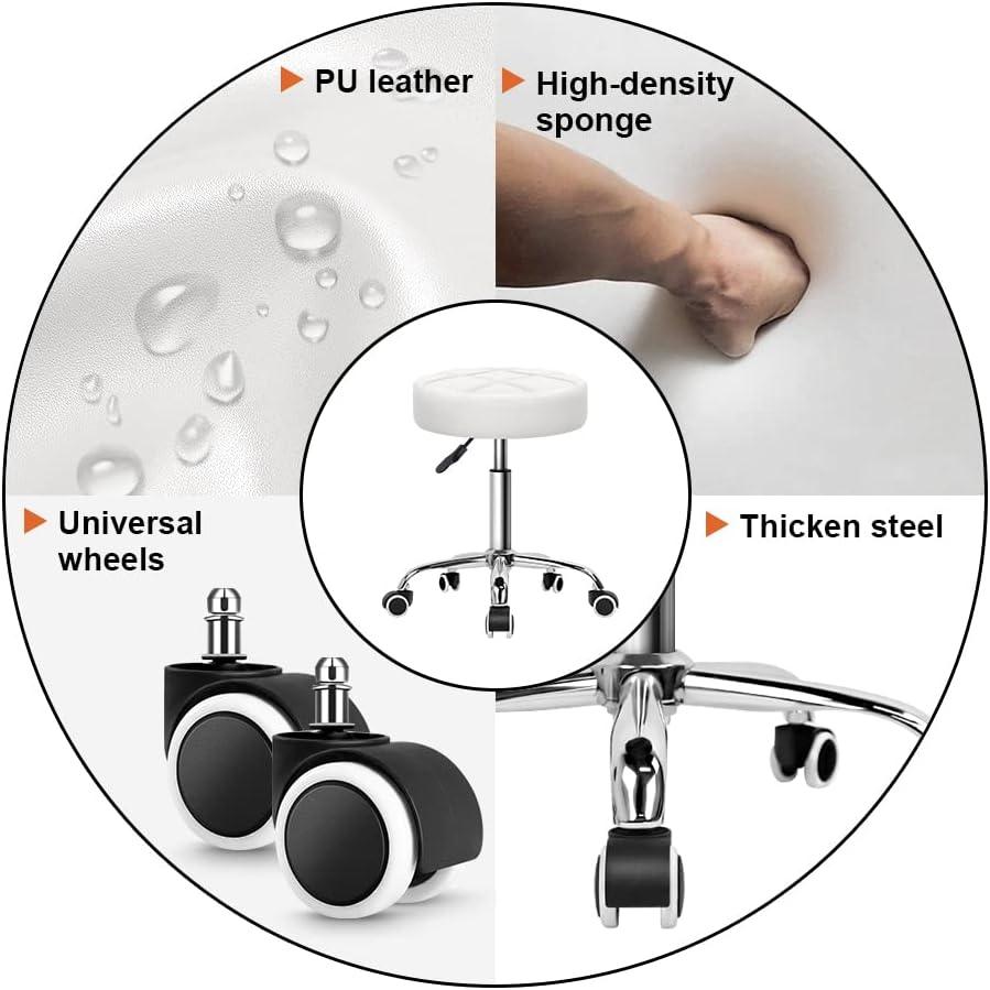 Taburete giratorio redondo con ruedas PU Leahter Taburete con ruedas  Taburete ajustable de altura para Spa Salon Masaje Blanco