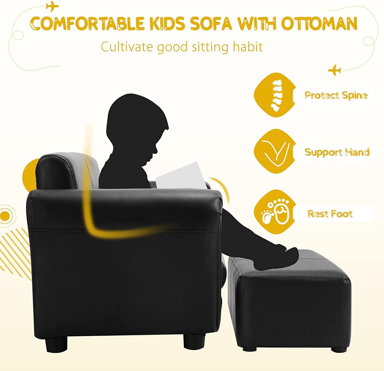 Sofá infantil con reposapiés, sofá biplaza tapizado para niños con otomana,  marco de madera resistente certificado ASTM y CPSIA, juego de 2 asientos