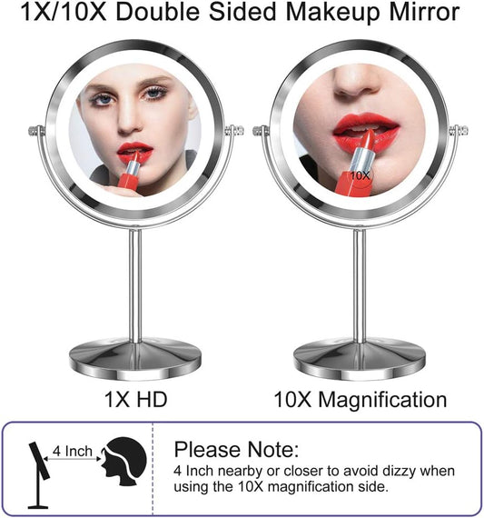 Espejo de maquillaje LED 1x10x con pantalla táctil, luz LED ajustable, espejo