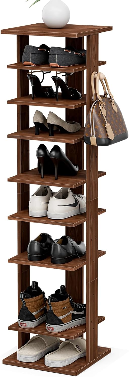 Zapatero vertical de 8 niveles, zapatero estrecho de bambú, organizador de  zapatos pequeño para entrada, estante esquinero que ahorra espacio, torre