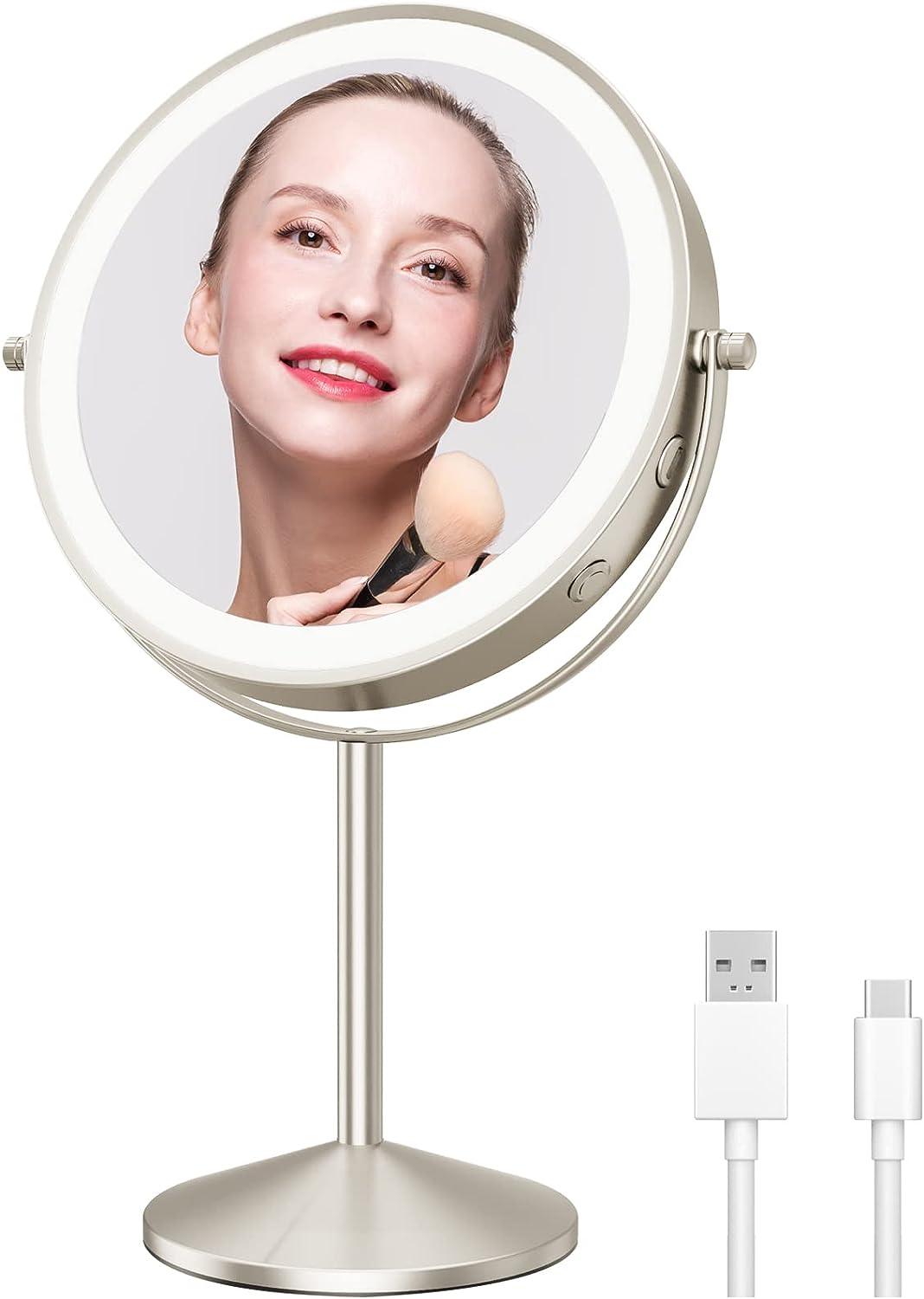 Espejo de maquillaje iluminado de 8 pulgadas con aumento, espejo de aumento  1X/10X con luz, recargable inalámbrico de doble cara de 360°, espejo de
