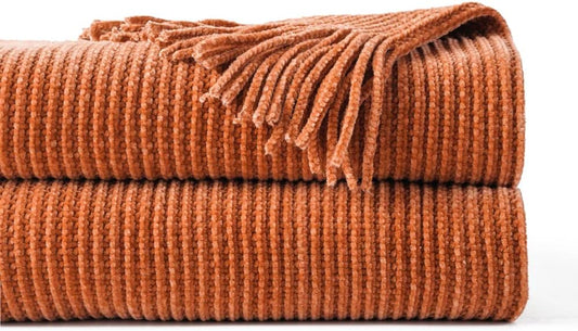 Manta naranja óxido para sofá, manta de punto de felpilla suave con borlas para