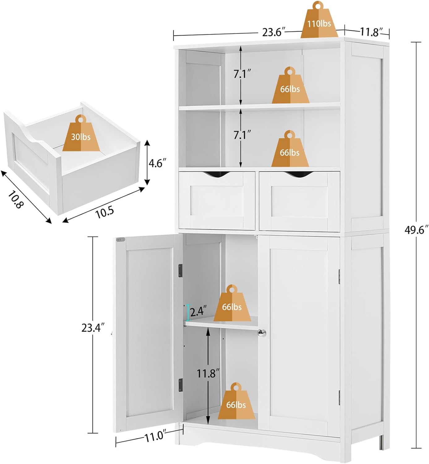 Armario de baño multiusos alto y estrecho, mueble con 2 estantes, 1 puerta  y 2 cajones de almacenamiento, 15x33x136cm, Color blanco - AliExpress