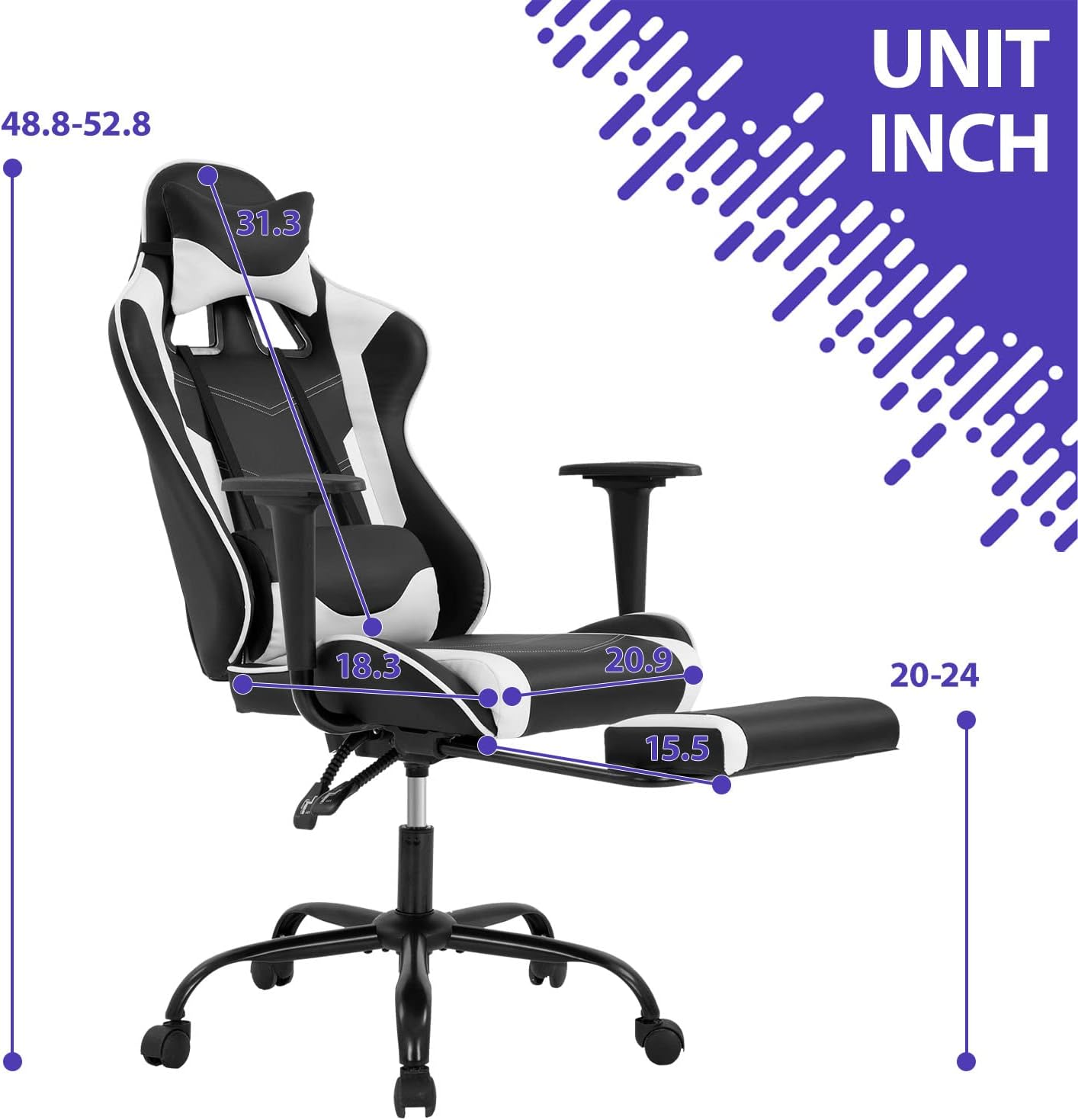  Silla para videojuegos, silla de oficina, silla de ordenador,  de piel, ergonómica, ajustable, giratoria, con reposapiés, color blanco :  Hogar y Cocina