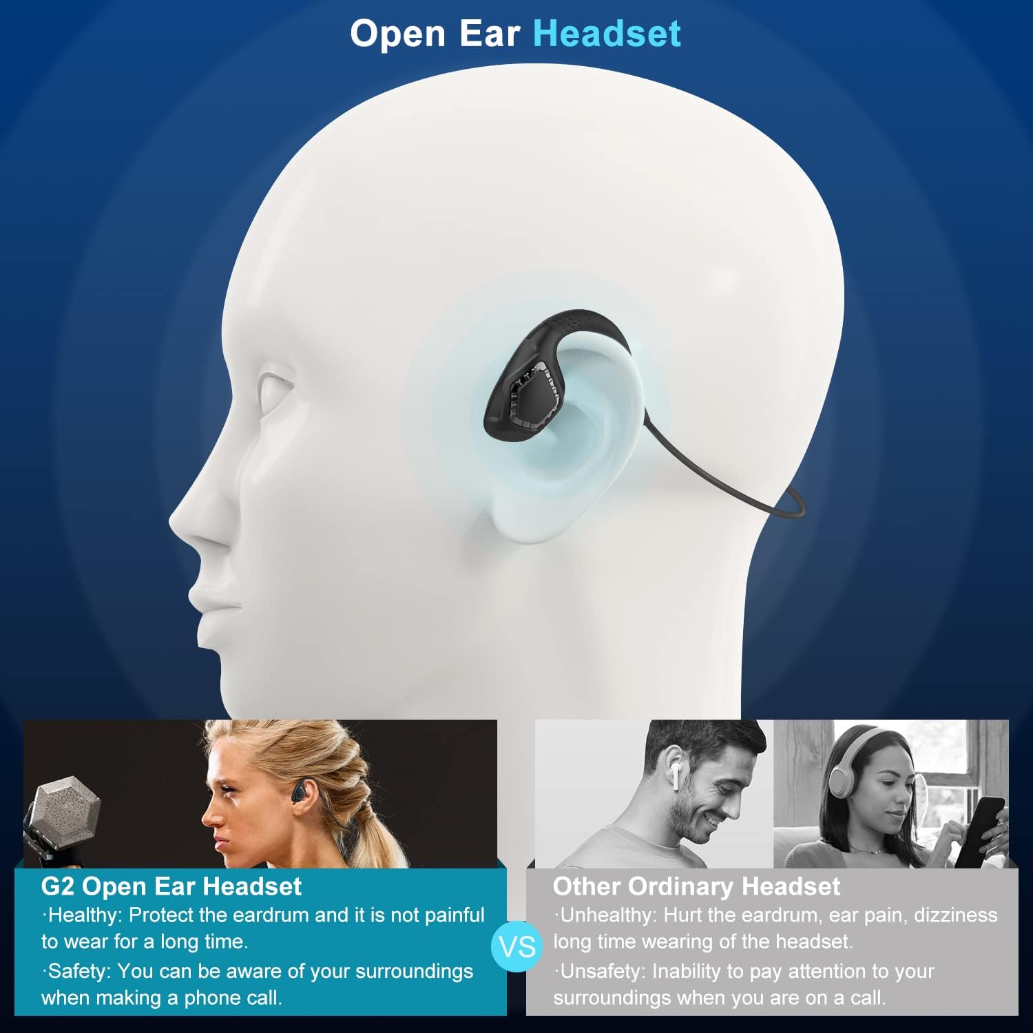 BANIGIPA Auriculares de oreja abierta, auriculares Bluetooth de conducción  de aire, auriculares inalámbricos estéreo con micrófono de pluma con