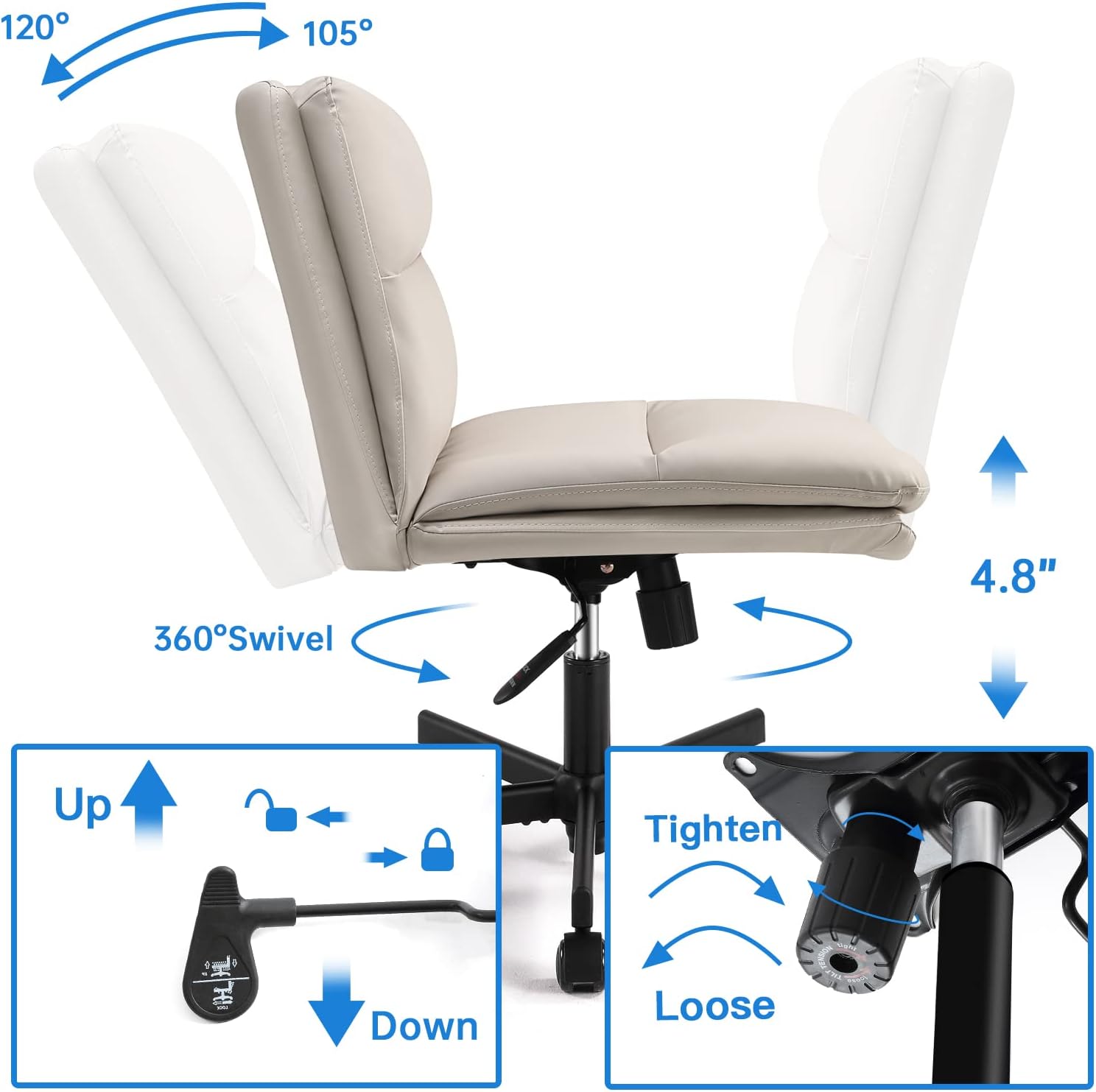 Aowos Silla de escritorio de oficina sin brazos, sin ruedas, silla de  oficina en casa con patas cruzadas, silla de tocador ajustable giratoria  ancha