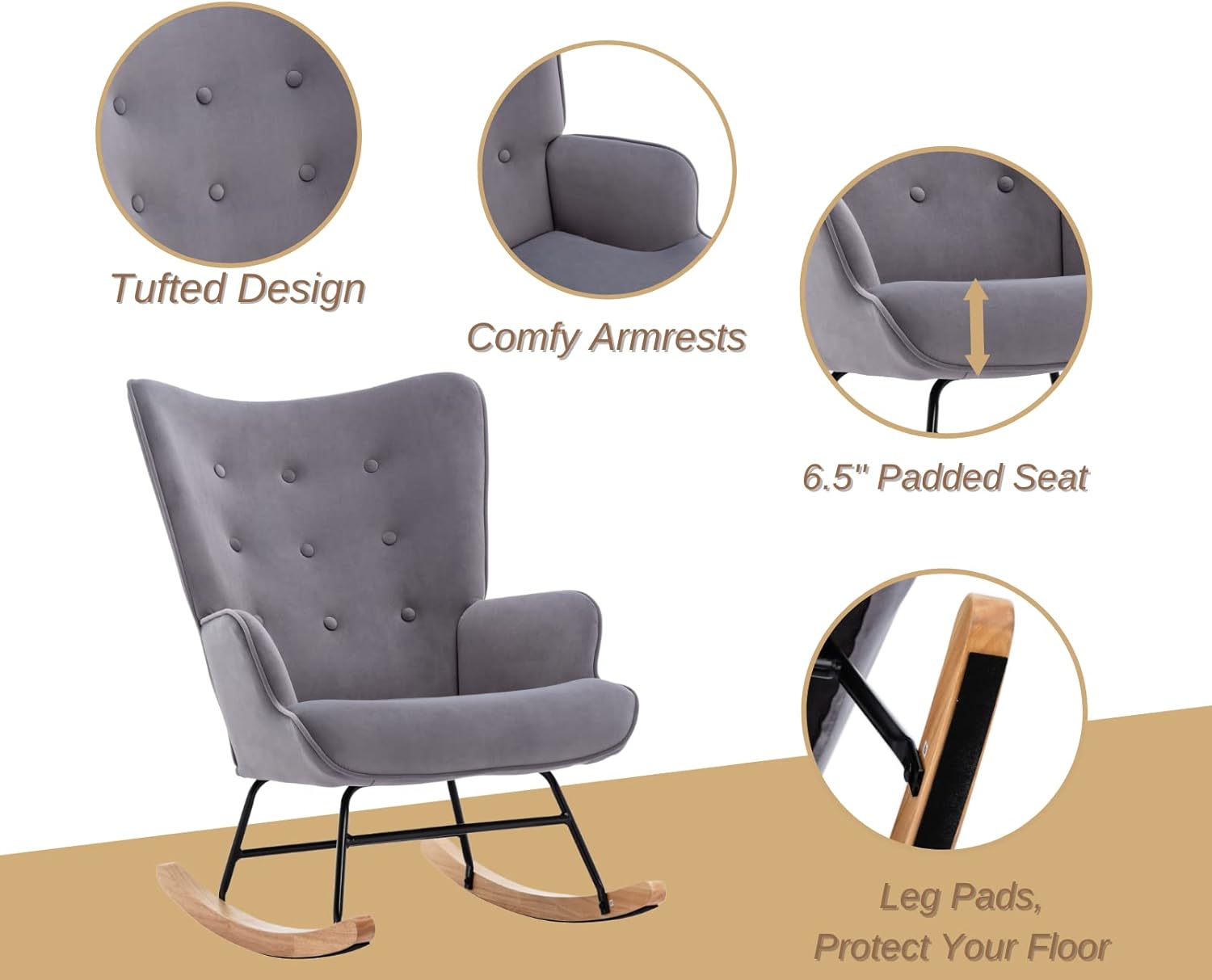 Mecedora moderna, de terciopelo, con respaldo copetudo, cómoda silla mecedora