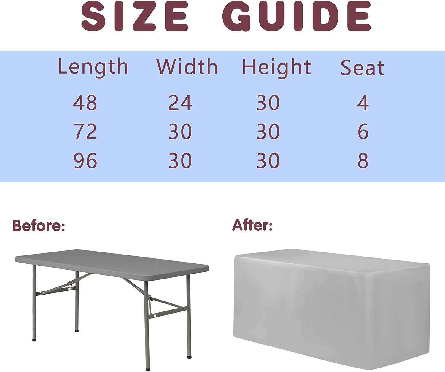 Fundas de mesa ajustables para mesas de 6 pies, 72 x 30 pulgadas, paquete de 2