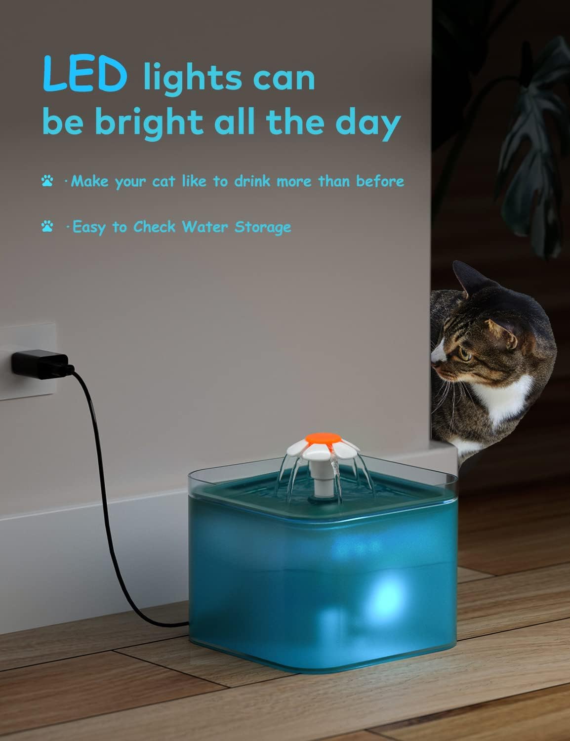 Fuente ultra silenciosa para gatos de 67 oz2 L, con luz LED, filtro de carbón