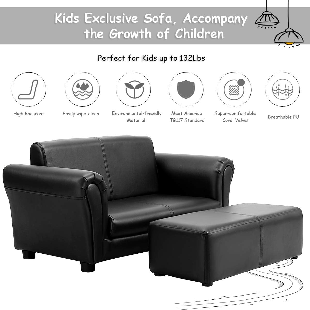 Juego de sofá para niños con otomano sofá tapizado y 2 asientos sillón para
