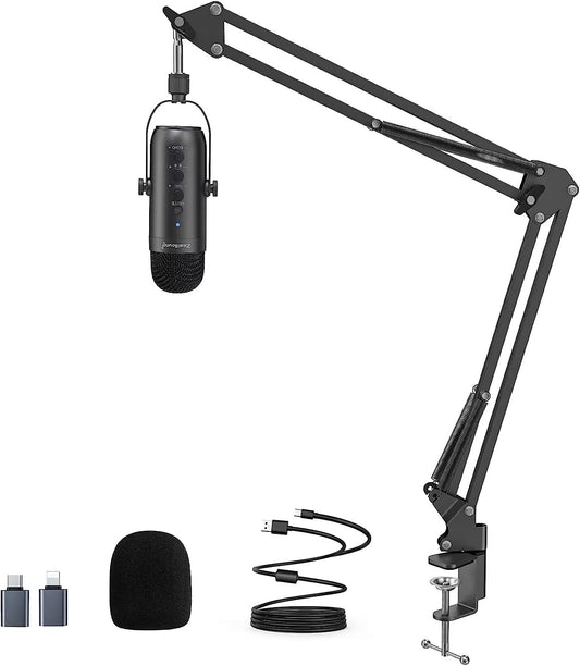 Micrófono para PC, micrófono condensador de podcast con soporte de brazo de
