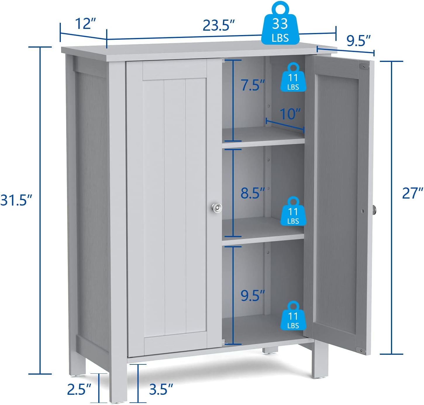 Armario de suelo de baño, armario de almacenamiento de 3 niveles con puerta