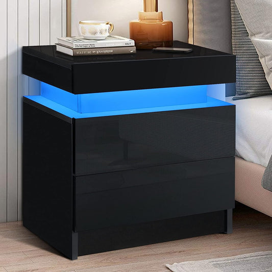 Mesita de noche LED moderna negra con luces LED, mesa de noche LED de madera