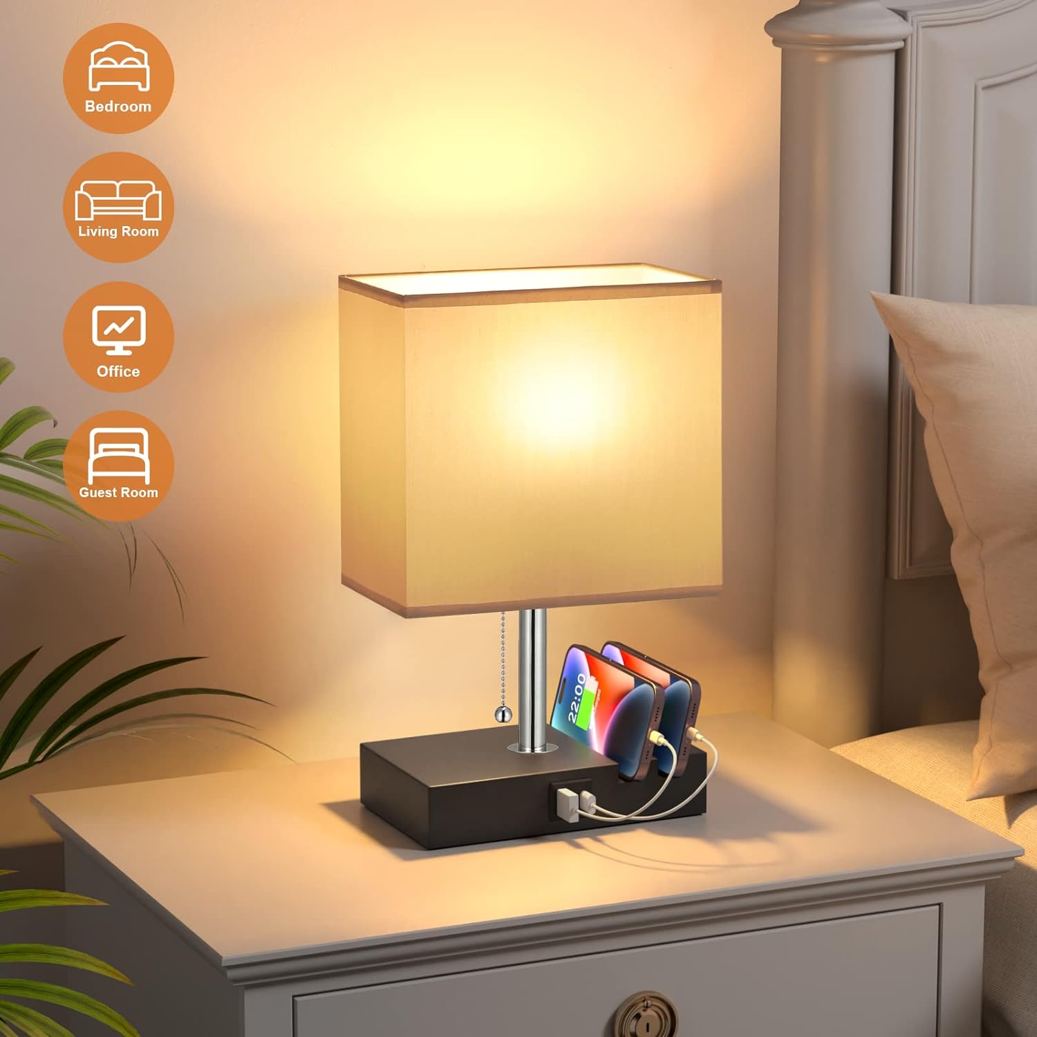 Lámpara de mesita de noche para dormitorio con puertos USB C, pequeña lámpara