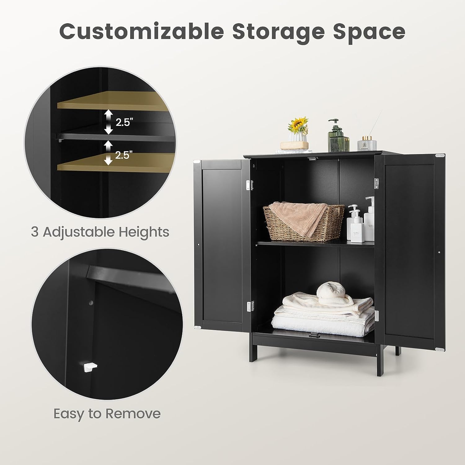 Armario de baño negro gabinete de almacenamiento de suelo con estante -  VIRTUAL MUEBLES
