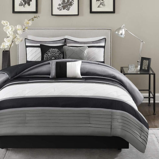 D&H Juego de edredón de 7 piezas, color gris plateado y negro, ropa de cama
