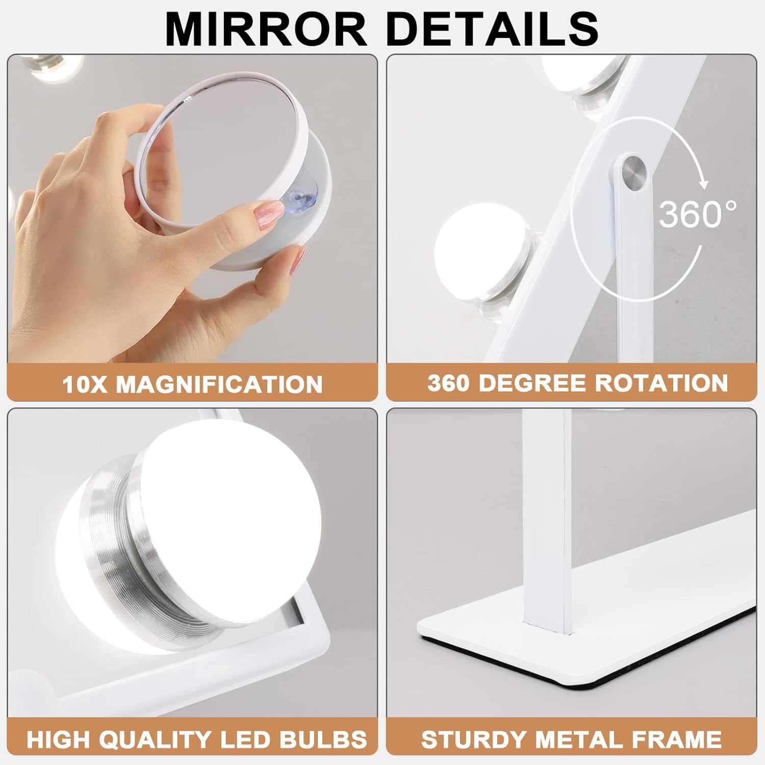 Espejo de tocador iluminado con Bluetooth y carga inalámbrica, luces de