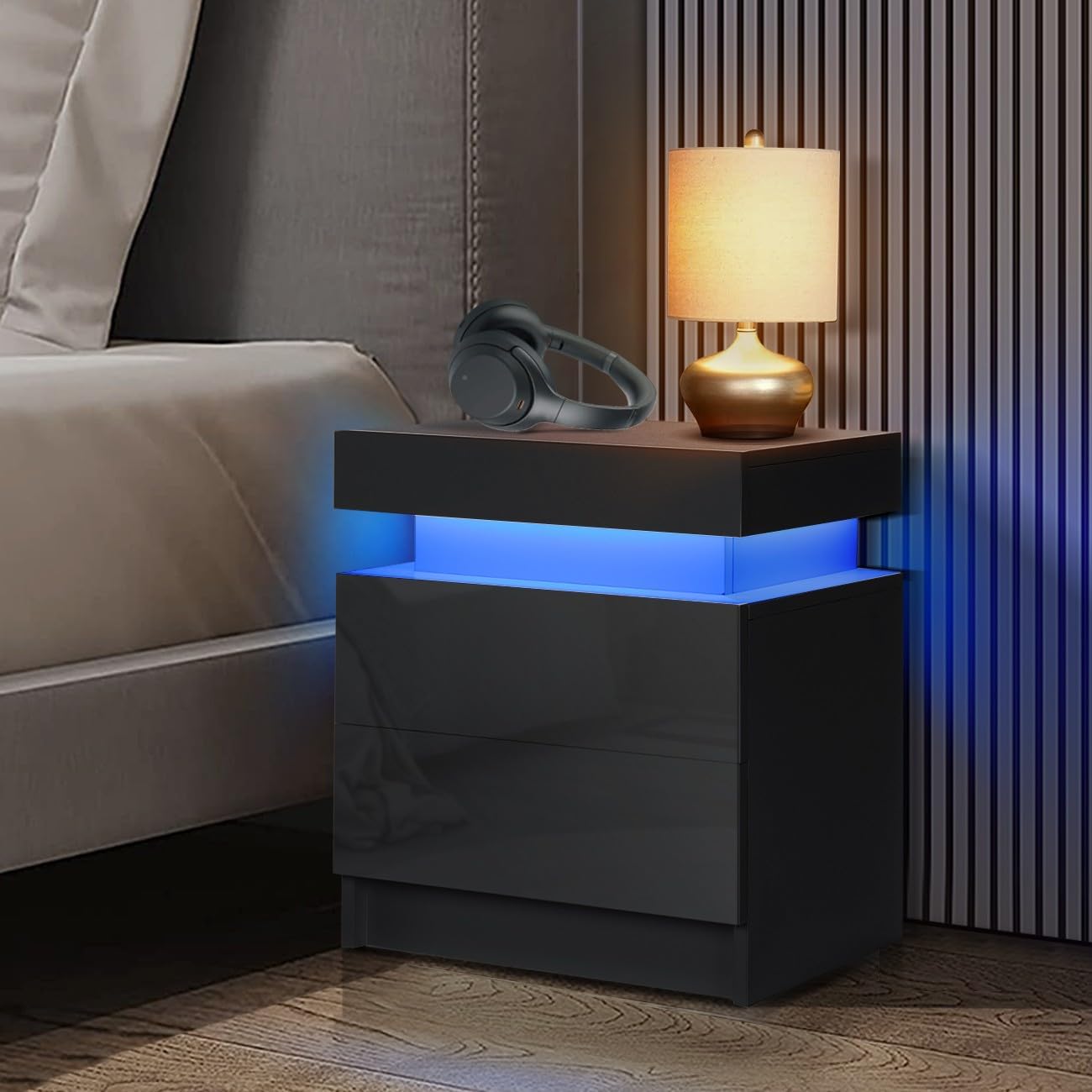 Mesita de noche LED moderna negra con luces LED, mesa de noche LED de madera