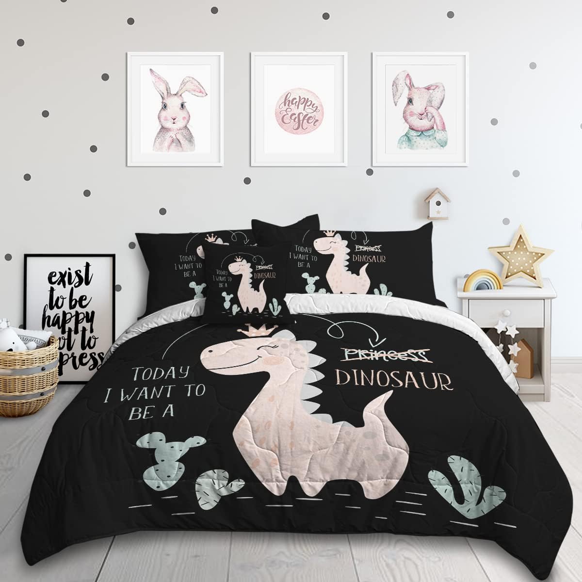 Sleepwish Edredón de dinosaurio princesa para niña, tamaño Queen, color negro y